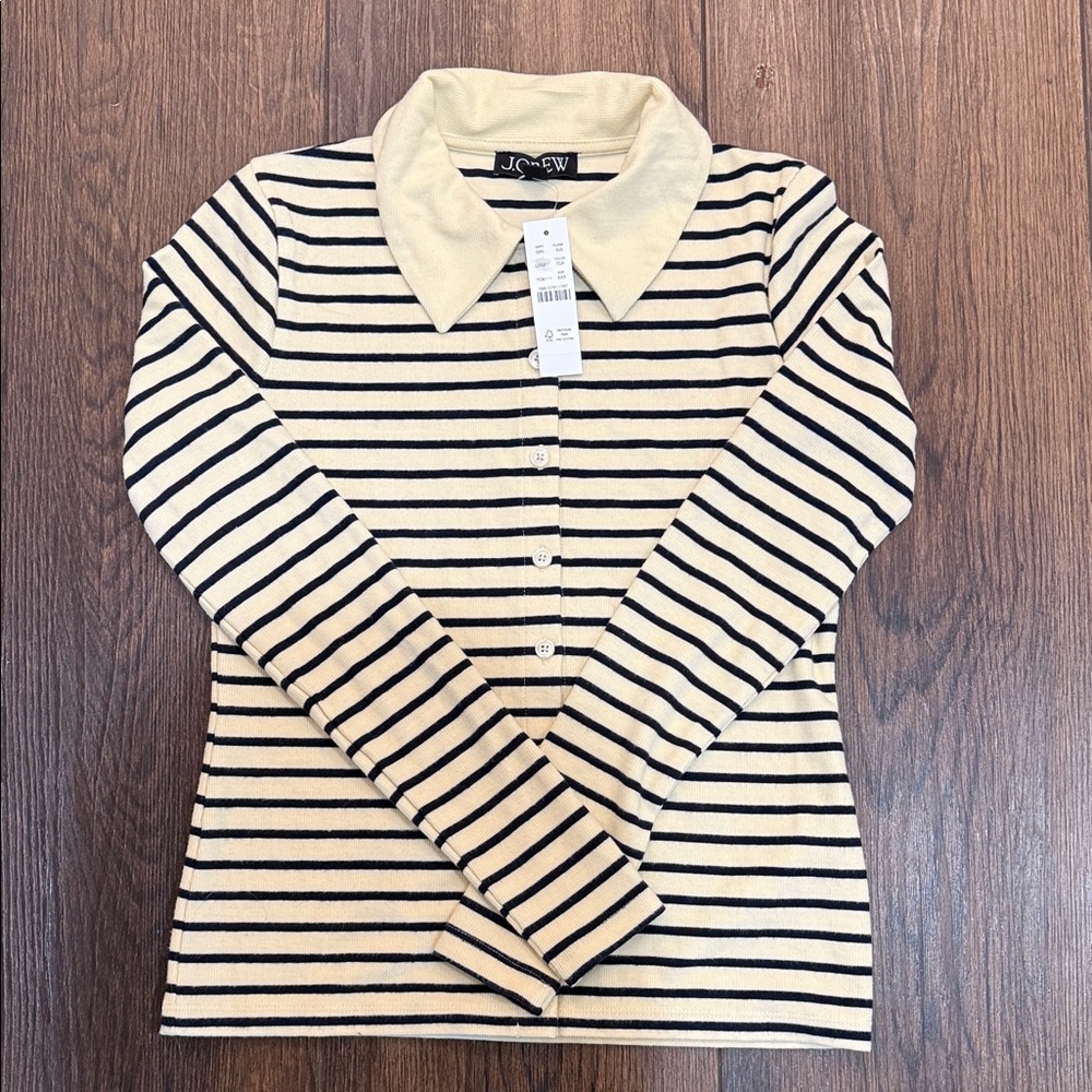 J. Crew Cream and Black Striped Button-Front Polo Shirt